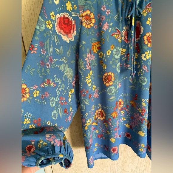 Dalia Blue Floral Peasant Chiffon Boho Long Sleeve Blouse Sz Med - Picture 3 of 10